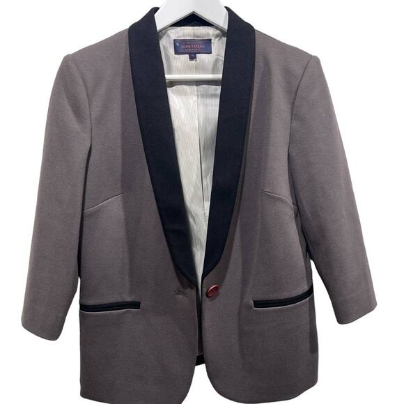 James Jeans Womens Medium Ponte Knit Tuxedo Blazer Jacket Taupe Black Lapel - Picture 9 of 13